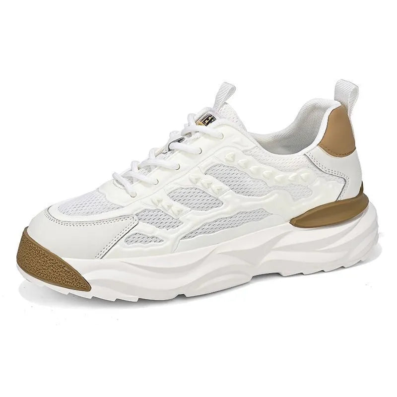Men's white and black breathable mesh shoes with round toe and PU upper in sizes 39-44