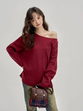 Oblique shoulder soft knit top for women in oatmeal colour with collarbone reveal detail