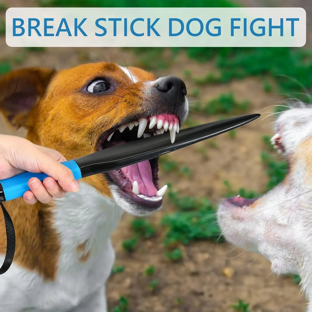 Blue-handled nylon dog break stick measuring 35 cm, shown with colour variants.
