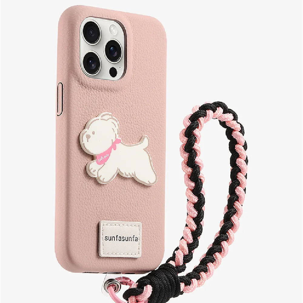 Silicone anti drop phone case with lanyard and polka dot dog design for Apple iPhone