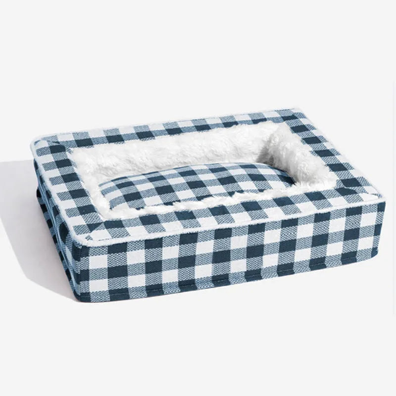 Classic plaid dog cushion with removable cover in red, shown next to a measuring tape indicating its size.