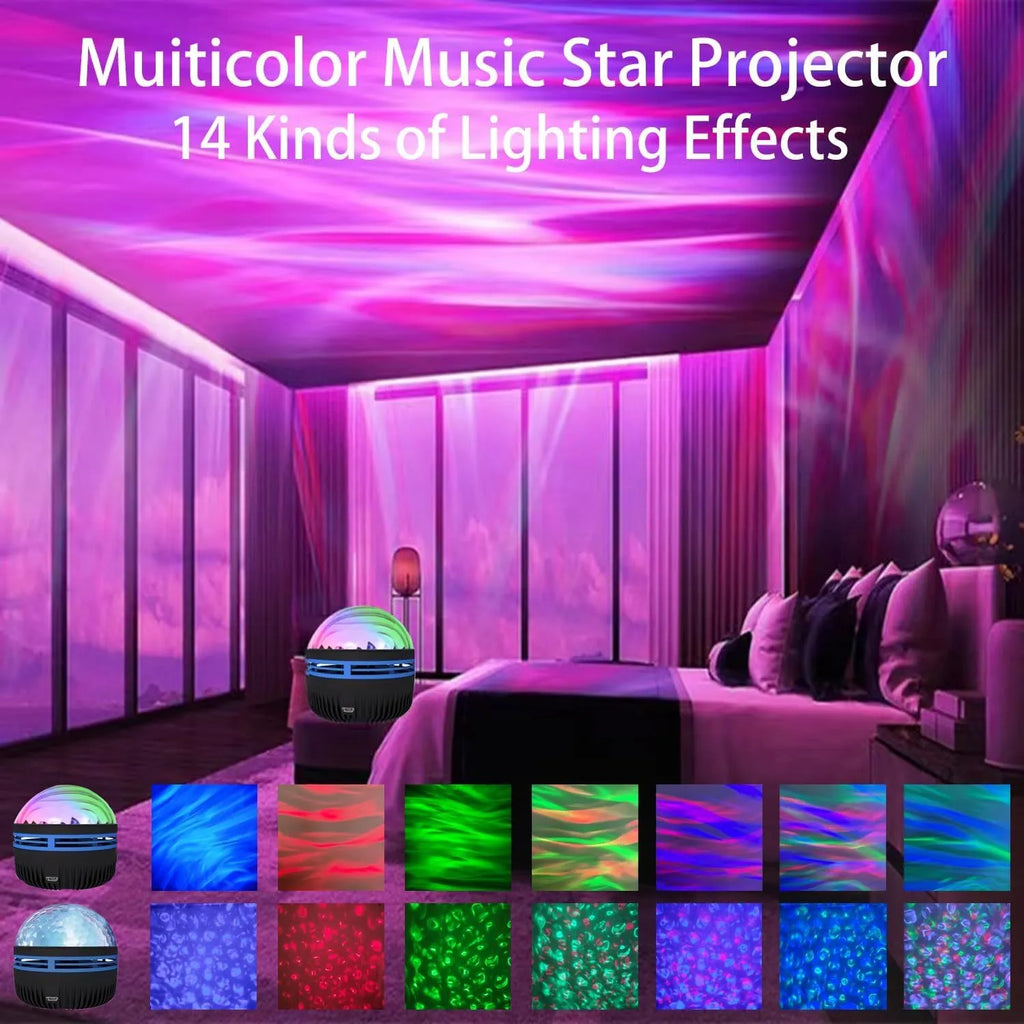 Compact white LED star projector lamp on a table, projecting galaxy light patterns on a dark wall.