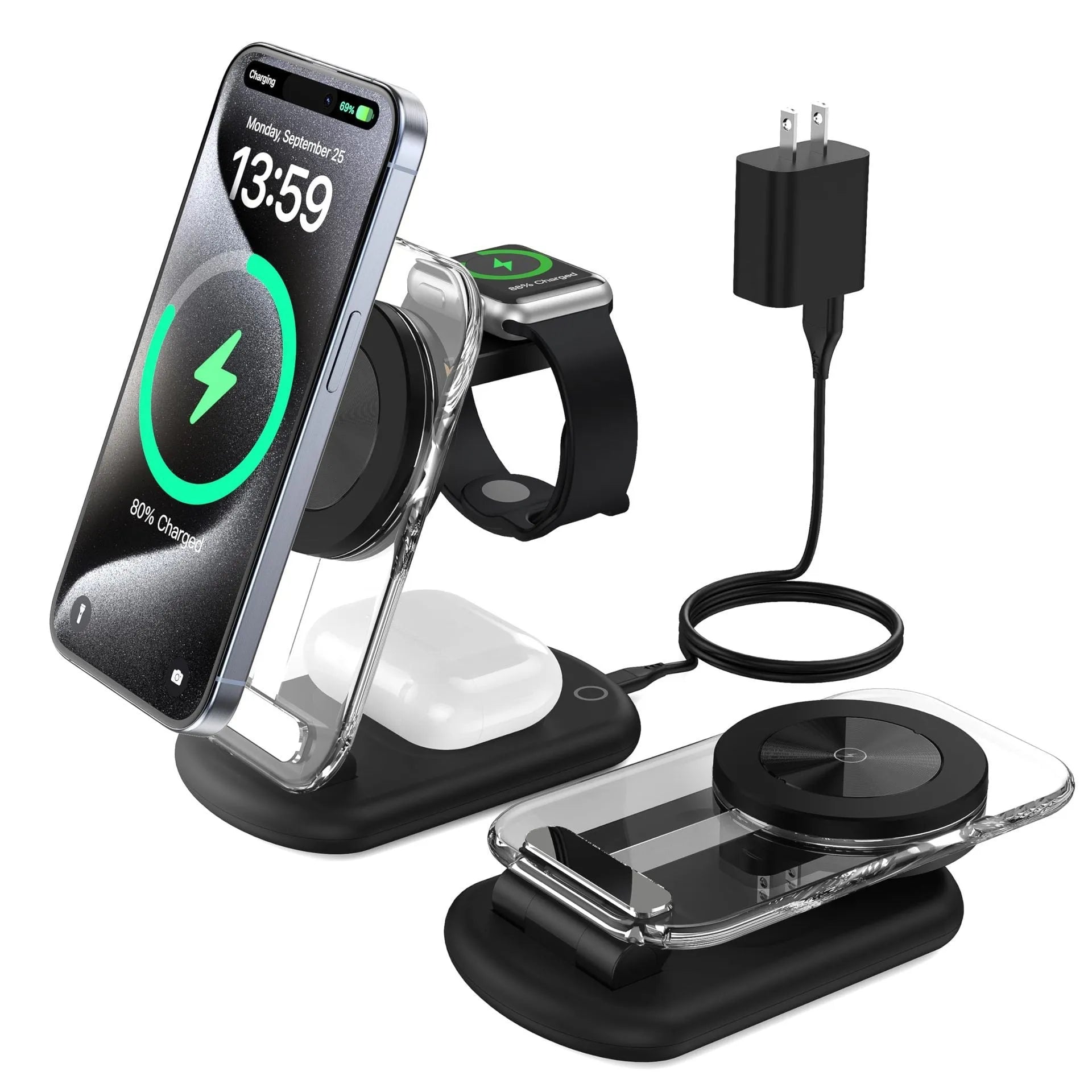 Transparent folding 3-in-1 wireless charger with phone, watch, and earbuds charging simultaneously, showing internal coils.