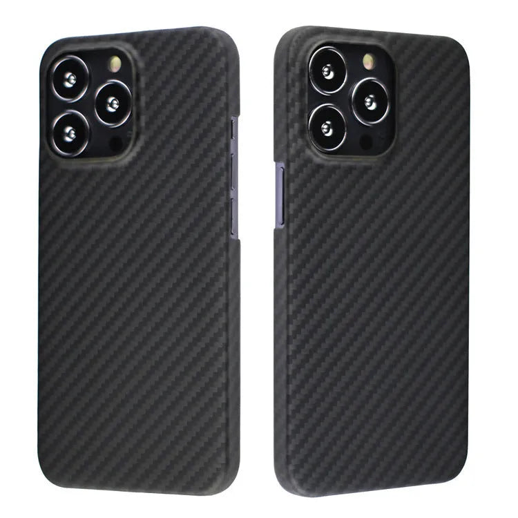 Dull Black Kevlar fibre iPhone case with Magsafe magnet for models 14, 13, 12, 11, and X.