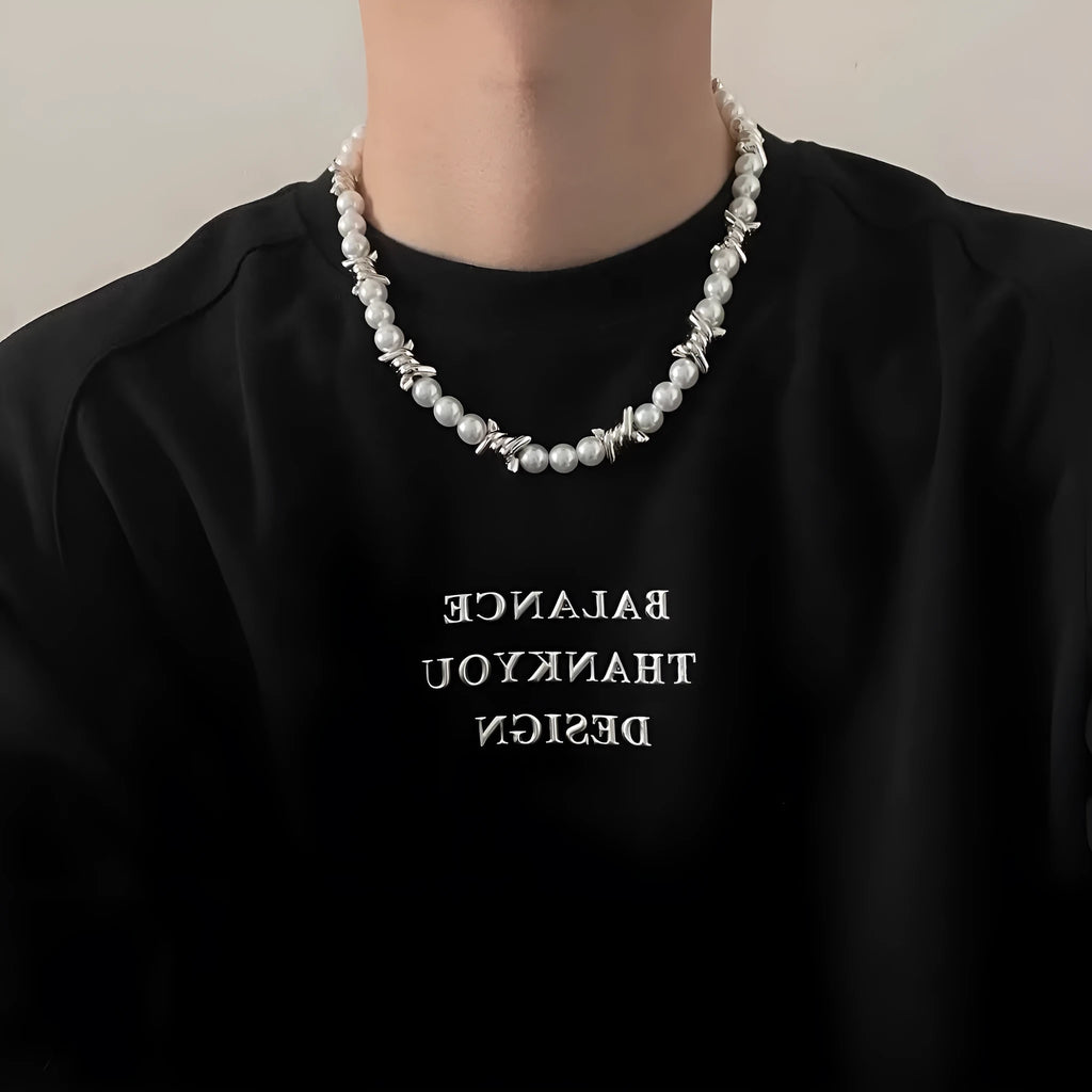 Thorn splicing pearl necklace with alloy chain and imitation pearls, adjustable 41-50cm
