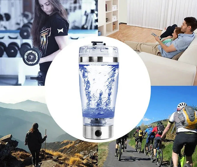 Stainless steel coloured electric shaker bottle with USB charging port for mixing protein shakes.