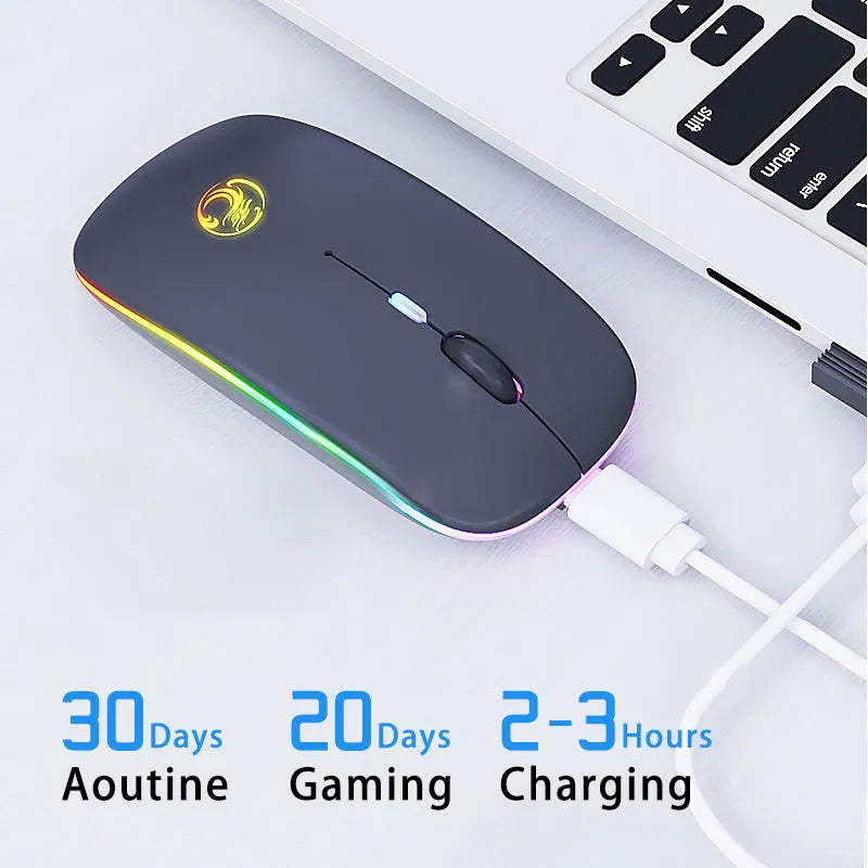 Black and white silent wireless Bluetooth mouse with luminous charging scroll wheel on a desk.