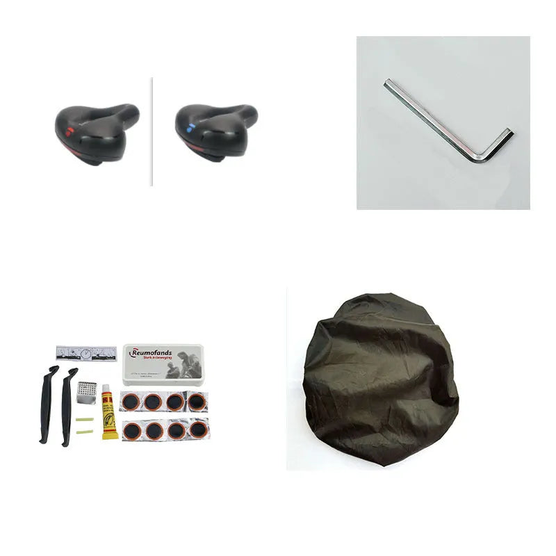 Silicone bicycle cushion saddle with PU leather cover, spring, and included wrench and tyre patches.