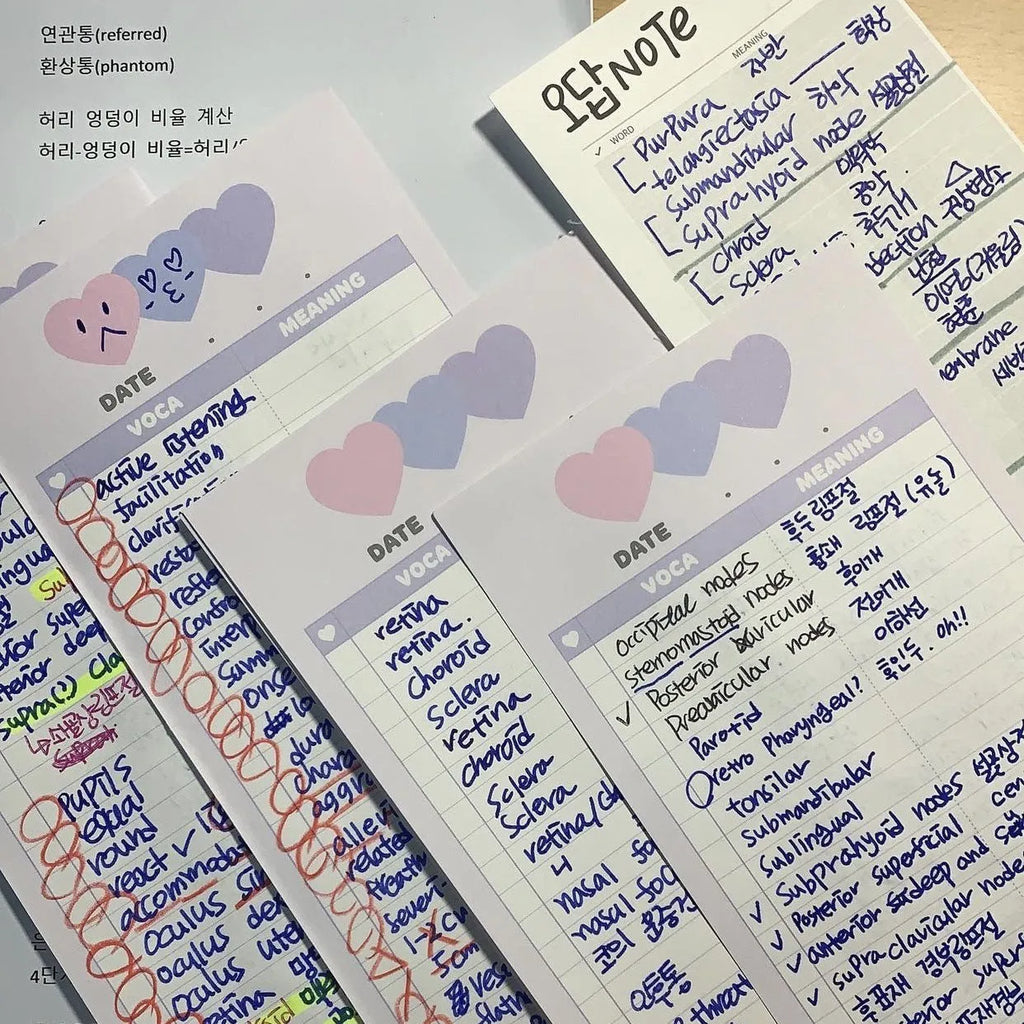 Vertical B5 half-size notepad in blue, pink, or purple cover, showing double-sided pages.