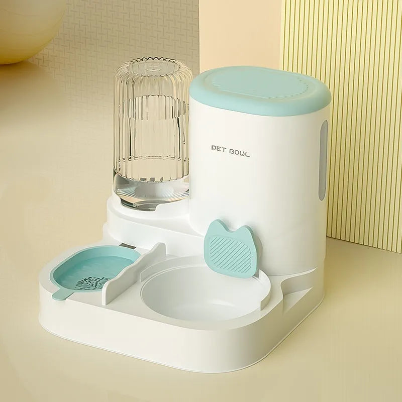 Automatic cat water fountain and food bowl combo with stainless steel dish in avocado green colour
