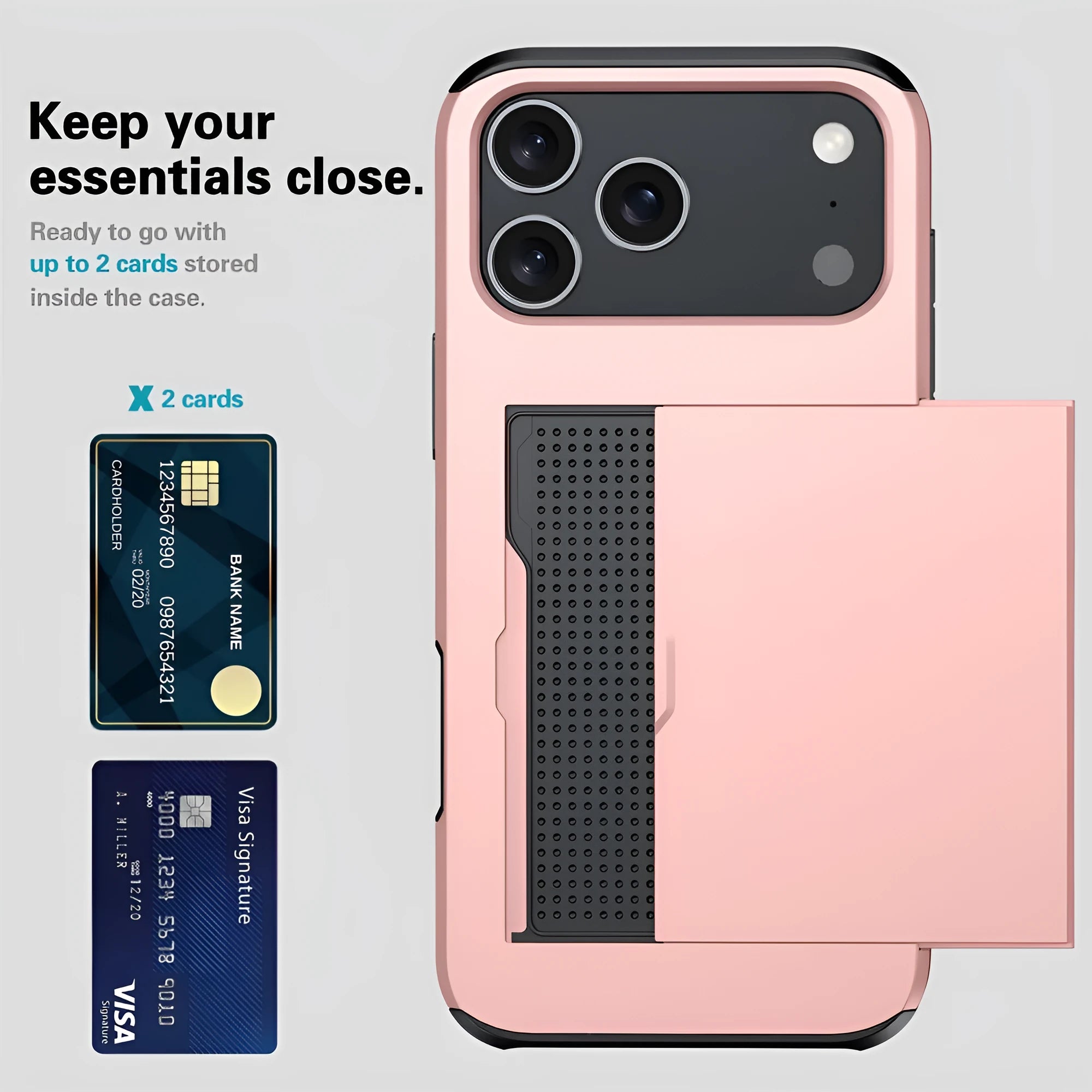 Army green iPhone case with a sliding cover open to show integrated card storage slot.