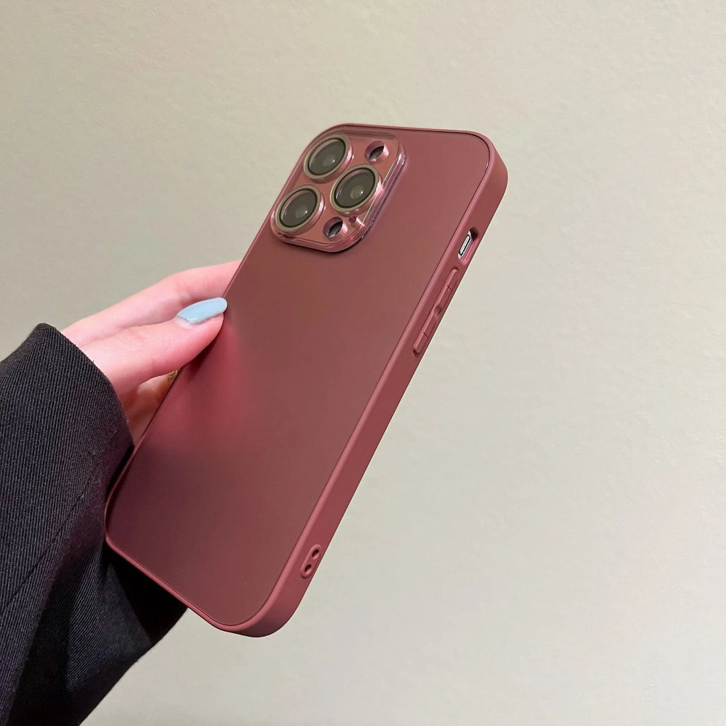 iPhone 15 Pro Max frosted PC phone case in shiny black with all-inclusive design and glass lens protector