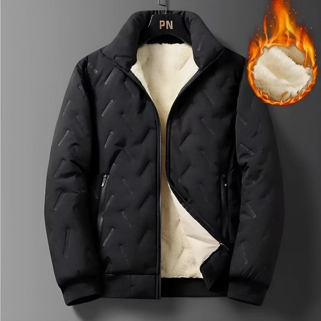 Men's black thickened fleece polyester zippered jacket and tapered pants set with turn-down collar and zippered pockets