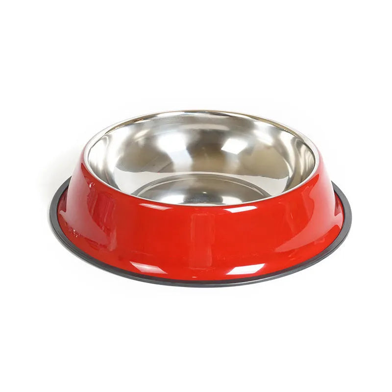 Stainless steel pet bowl with melamine outer pot in orange, non-slip base, dual use food and water