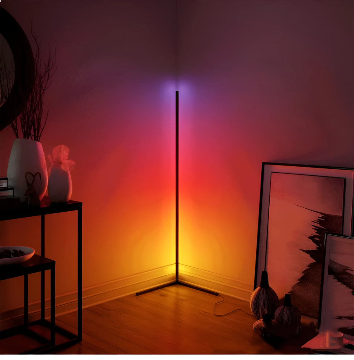 Nordic RGB corner floor lamp with aluminium shade, PVC body, black or white stand, 1.2m to 1.6m height