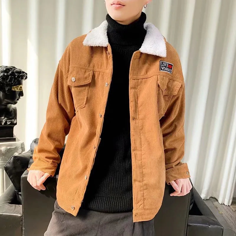 Men's corduroy workwear jacket in loose fit design showing front view