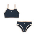 Dark blue split colour baby girl's swimsuit with briefs and split design for swimming.