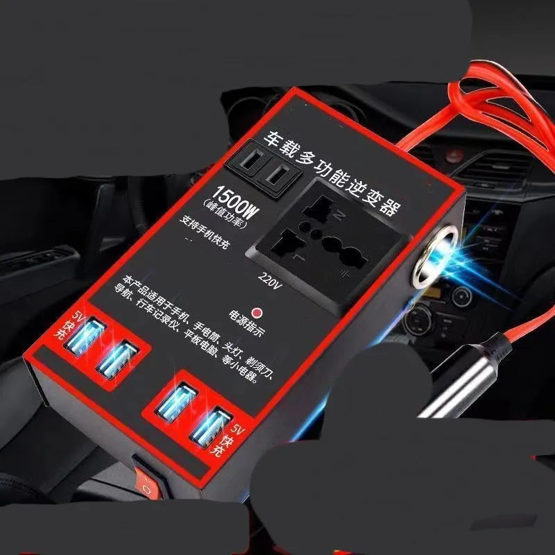 Black automotive power converter converting 12V 24V vehicle power to 220V with UK socket and USB ports
