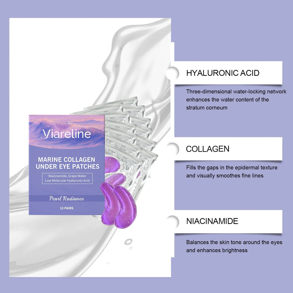Pack of 12 collagen and hyaluronic acid eye masks for moisturising skincare.