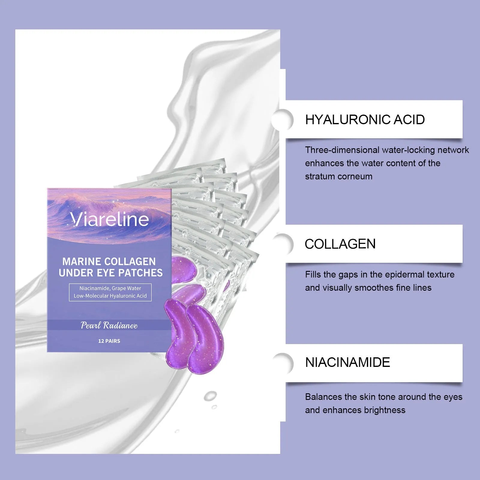 Pack of 12 collagen and hyaluronic acid eye masks for moisturising skincare.