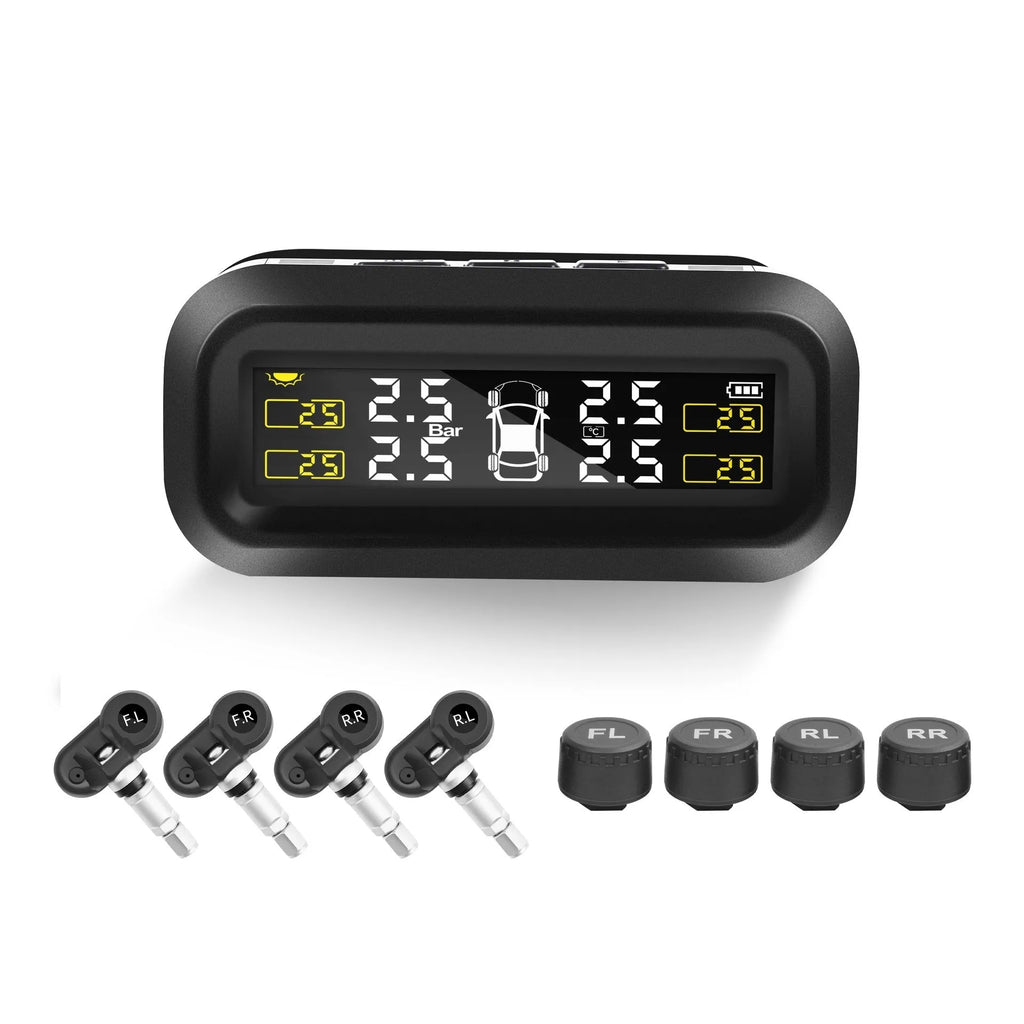 Solar-powered wireless car tyre pressure monitoring system with colour screen display and four tyre sensors