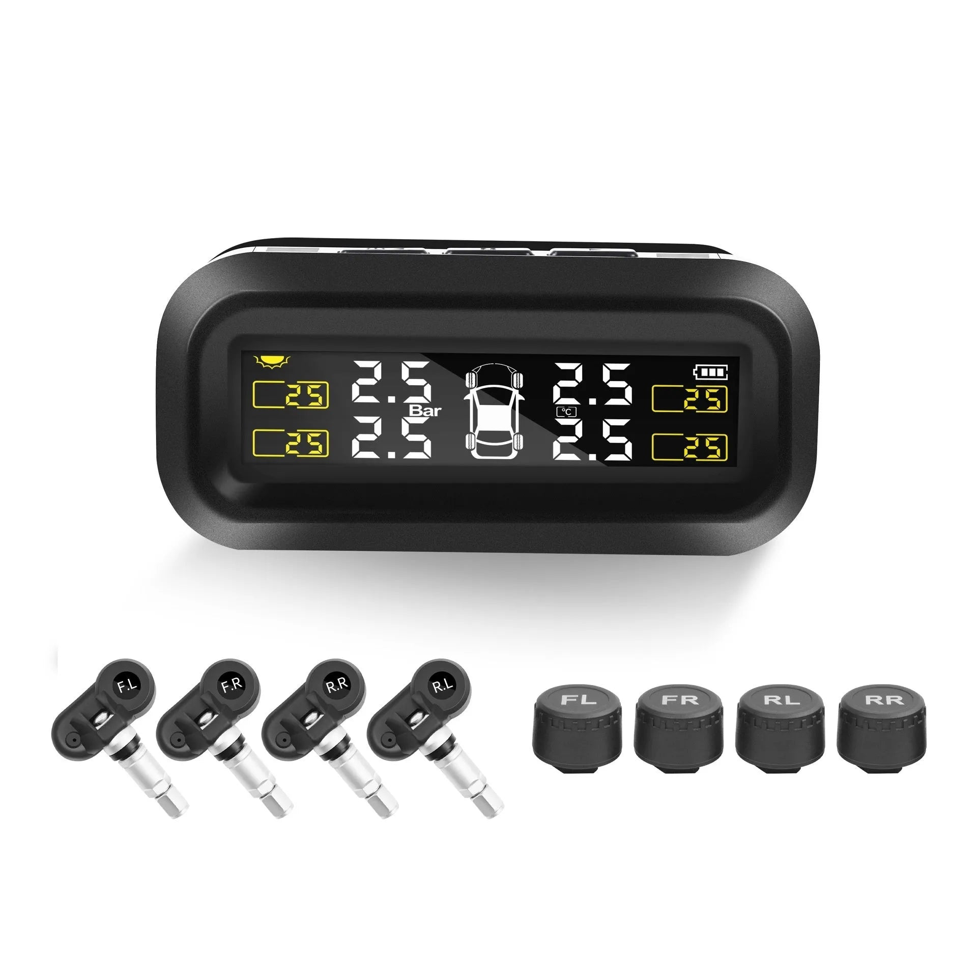 Solar-powered wireless car tyre pressure monitoring system with colour screen display and four tyre sensors