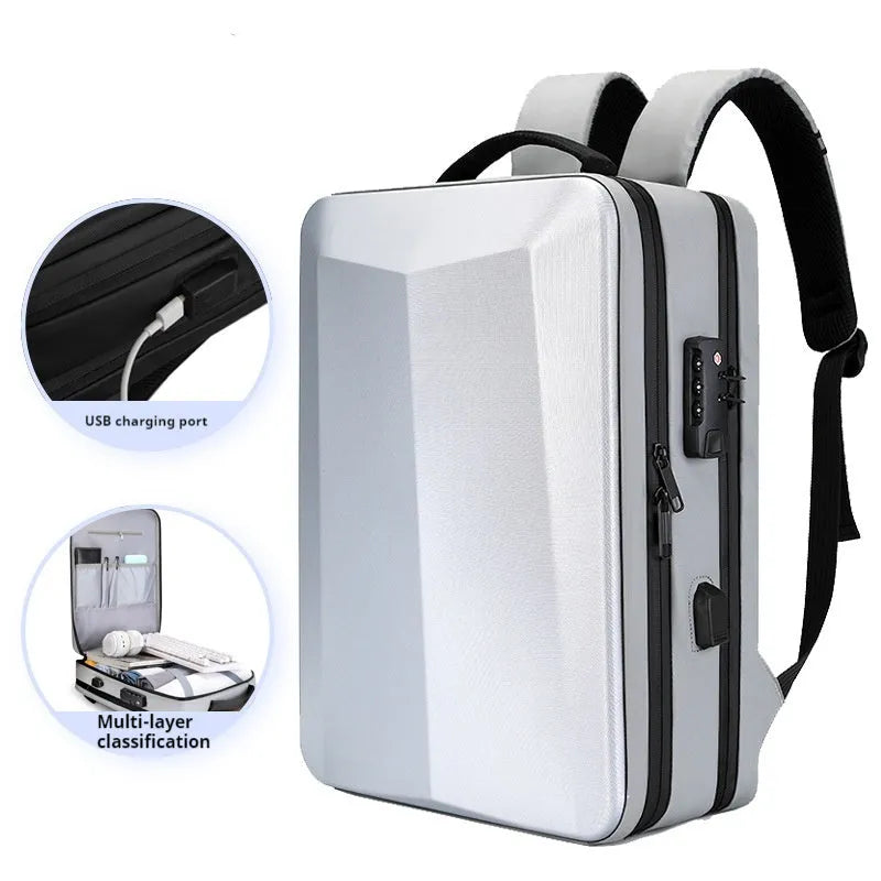 Men's waterproof business backpack in black and silver white colours showing street trend styling