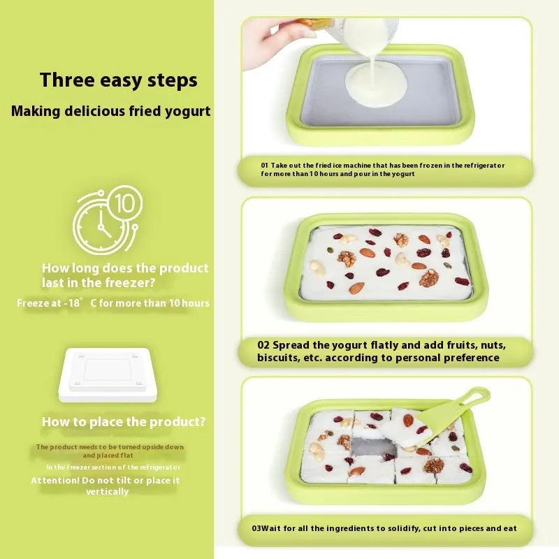 Green children's DIY fried yogurt machine with aluminium gasket, size 22.5 by 17.5 cm.