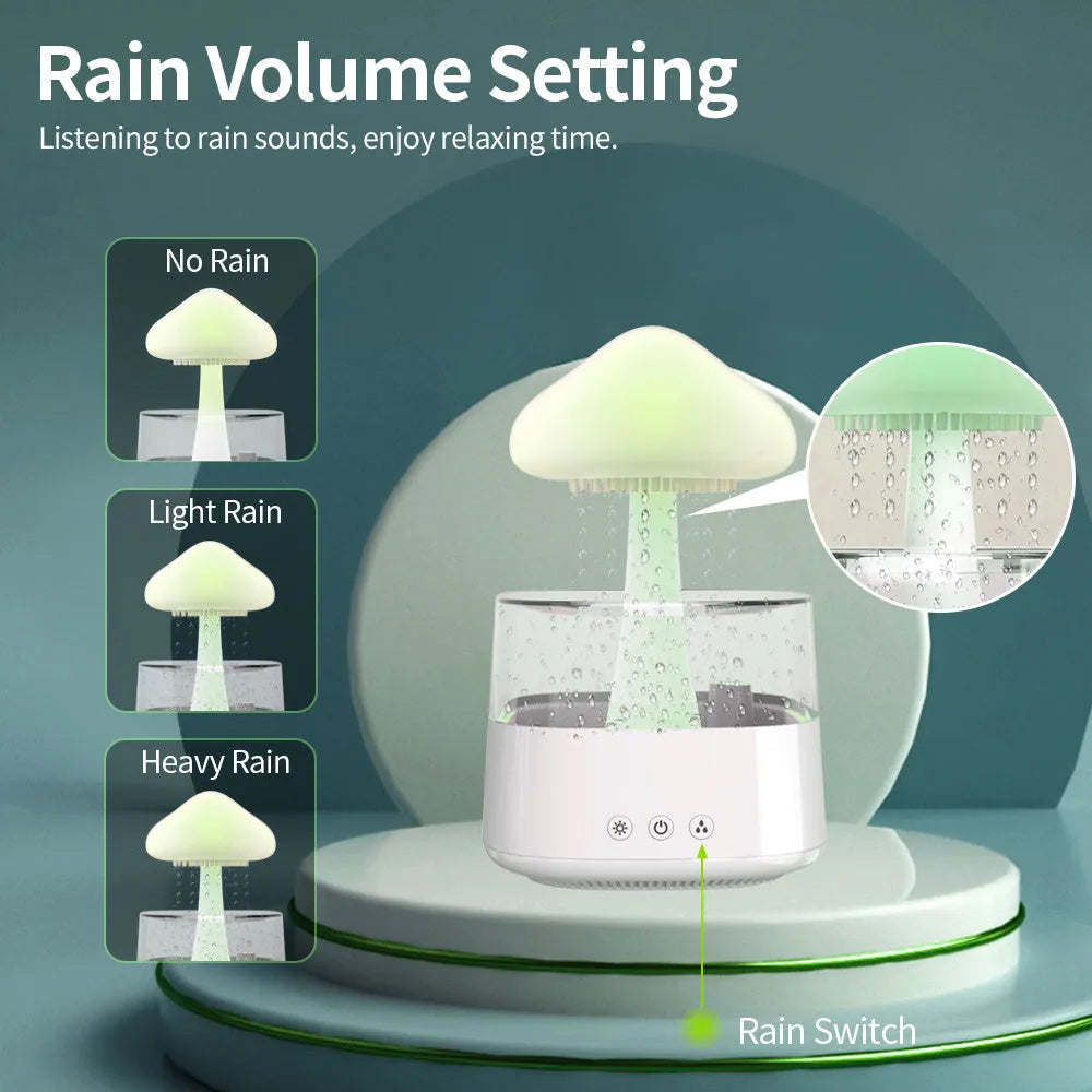 Desk humidifier with raining cloud design, essential oil diffuser, and mushroom lamp night light