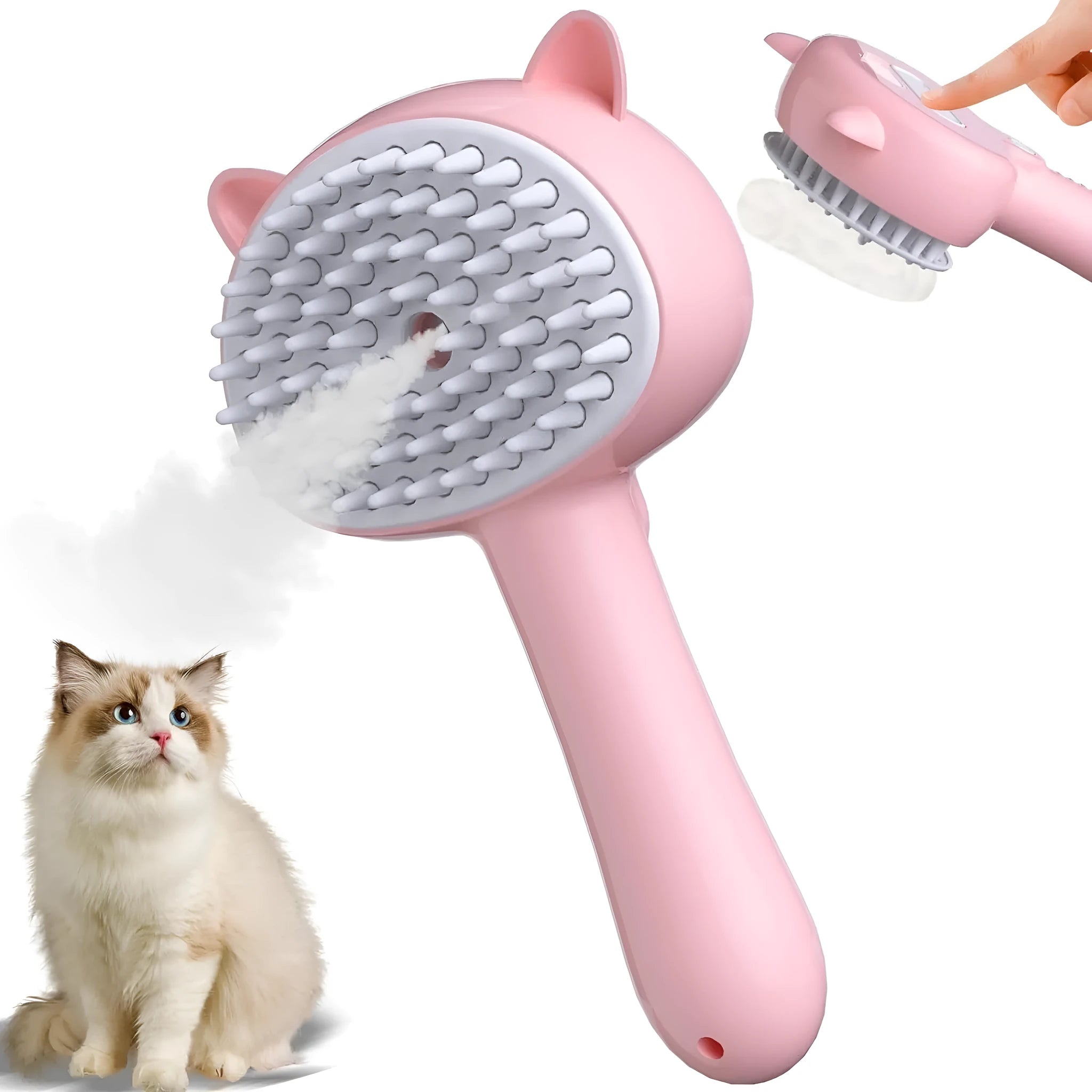 Blue cat steam brush with ergonomic handle and rubber bristles for pet grooming