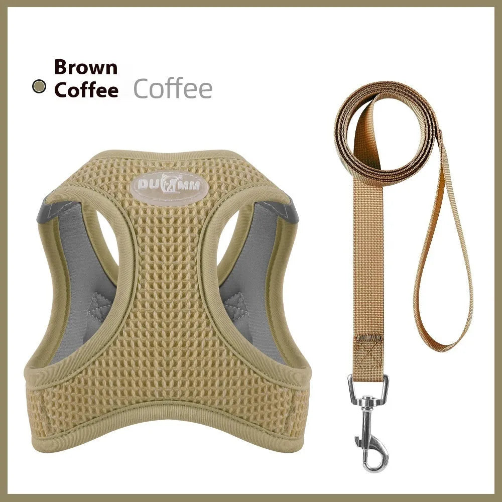 Brown waffle cloth cat harness with chest strap and matching hand holding rope