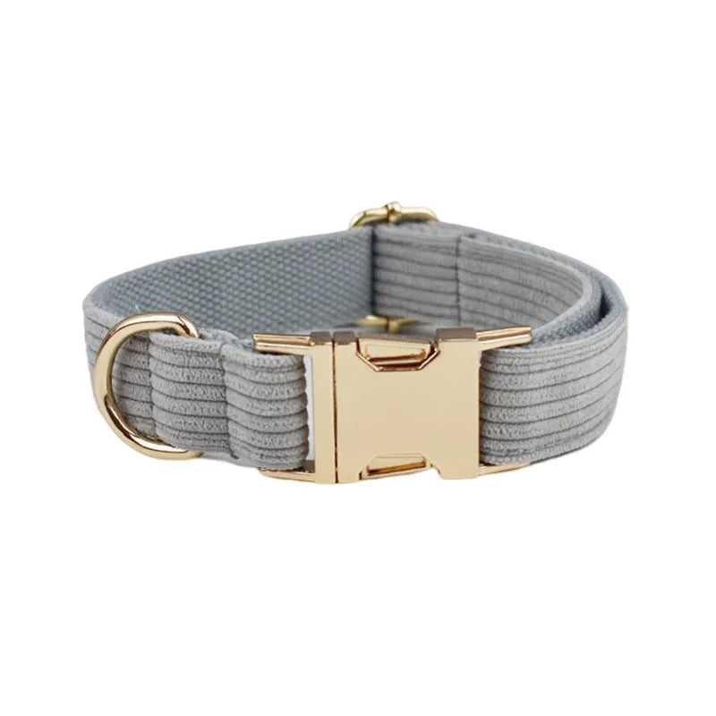 Corduroy Series pet dog collar in polyester, shown on a dog, available in multiple sizes and colours.