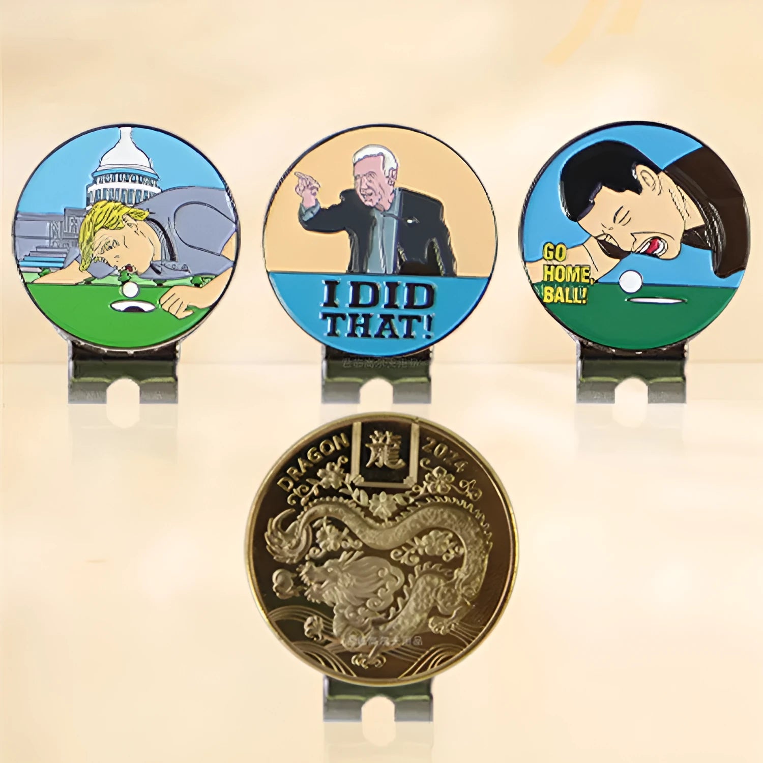 Zinc alloy golf hat clip showing engraved Dragon Year pattern for secure hat attachment