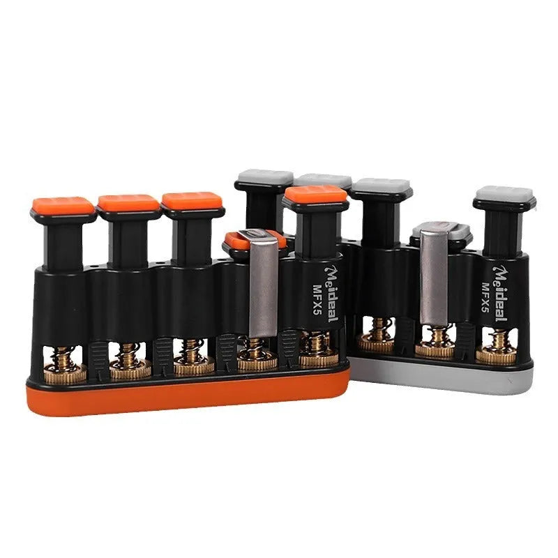 Grey and orange silicone finger trainer for hand strength, used for music practice and climbing.