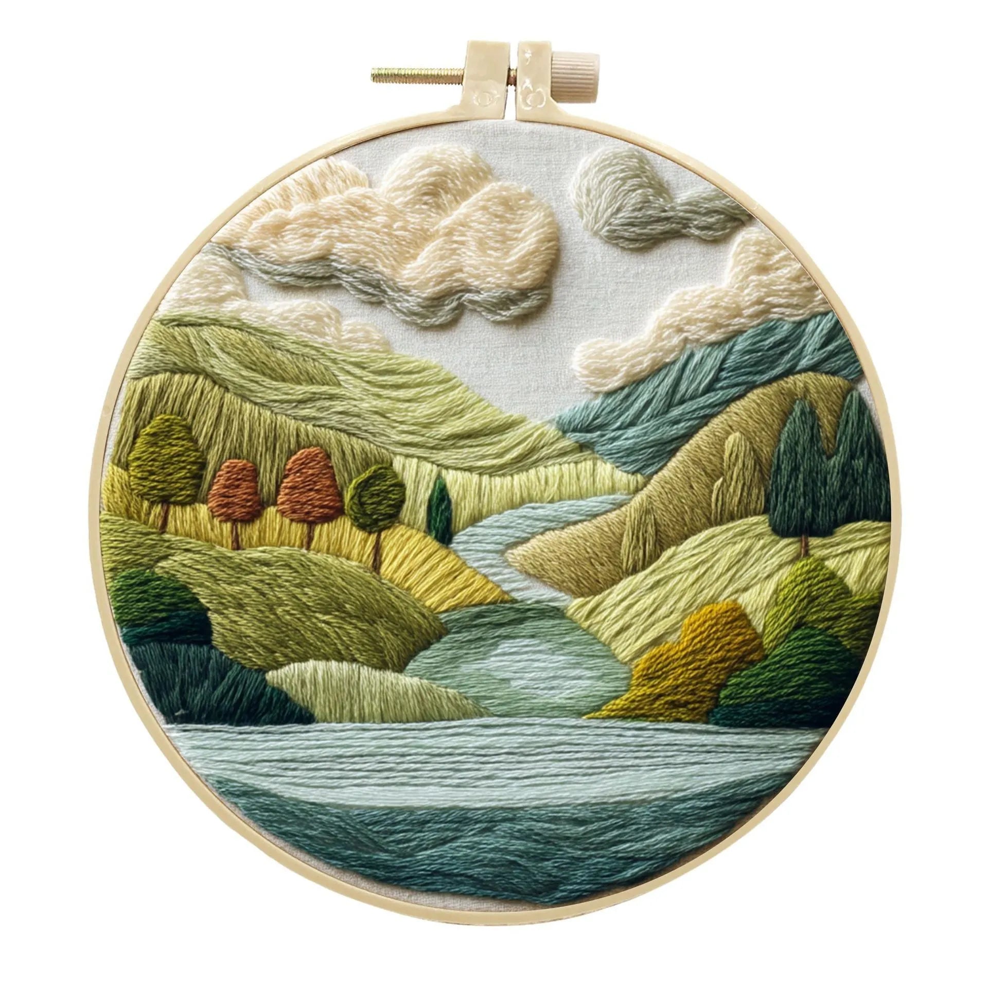 Embroidery DIY kit with 15cm bamboo frame, cotton linen fabric, and landscape design for handmade cloth art