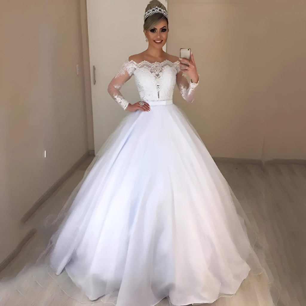 White off-shoulder V-neck slim fit wedding dress with long swing skirt, high waist, and satin fabric