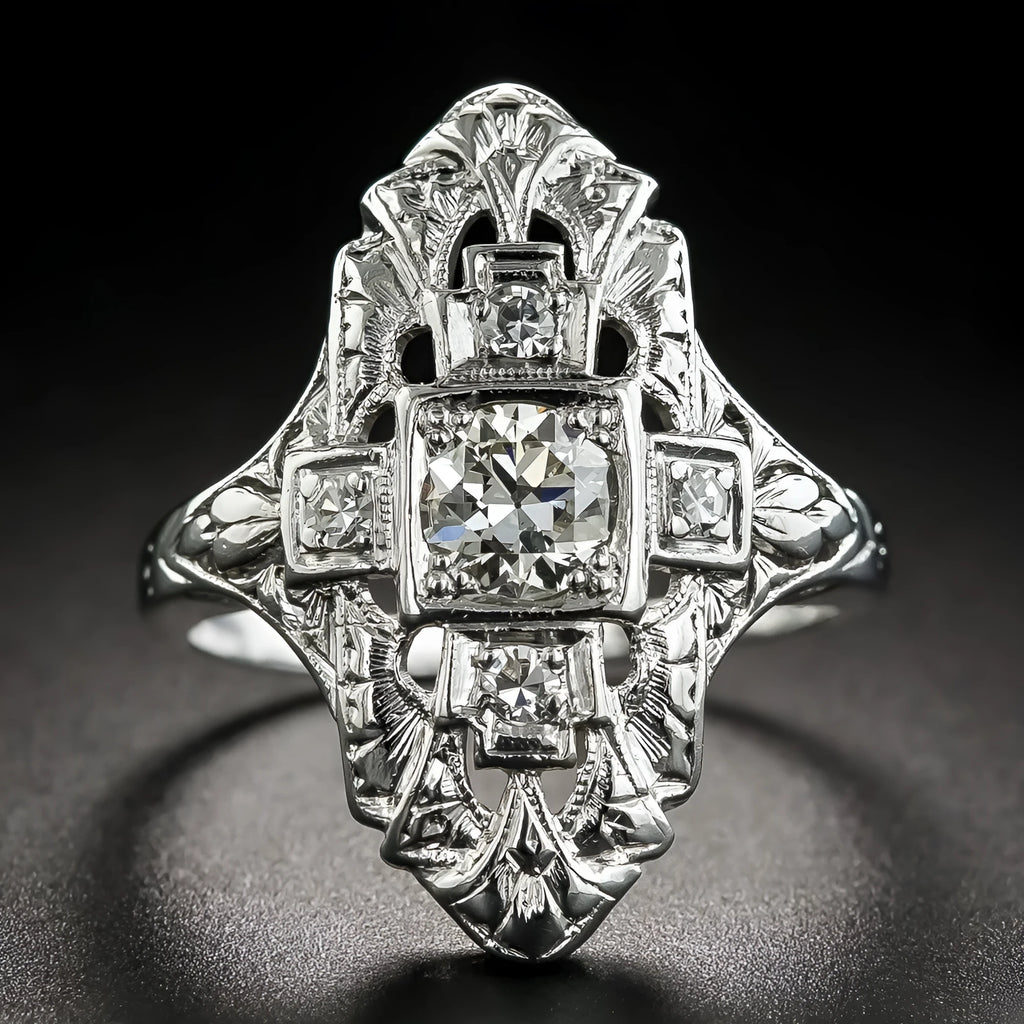 Silver electroplated copper ring with hollow-out geometry design and diamond studs