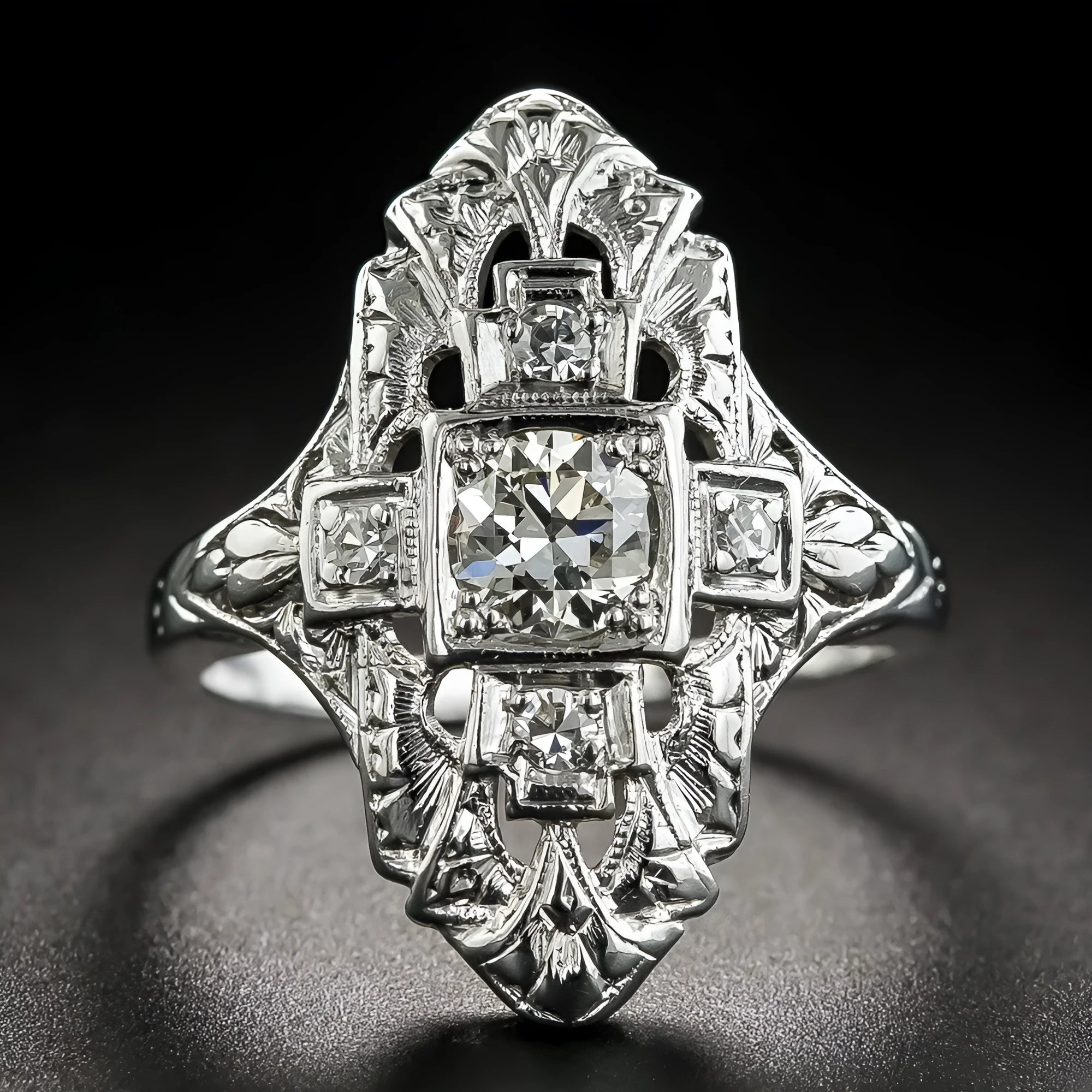 Silver electroplated copper ring with hollow-out geometry design and diamond studs