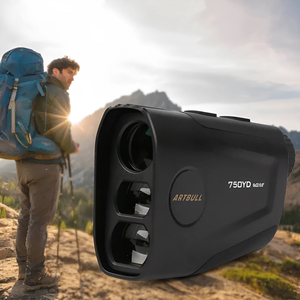 Golf laser rangefinder showing LCD display with distance measurement and slope compensation indicator