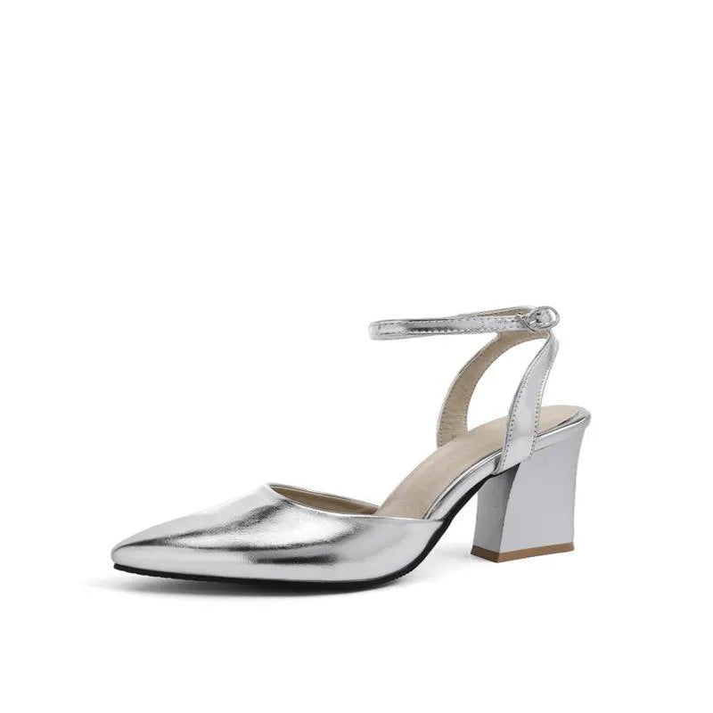 Women's thick high heel pointed toe sandals in silver or gold with cowhide upper and rubber sole, sizes 34-39.