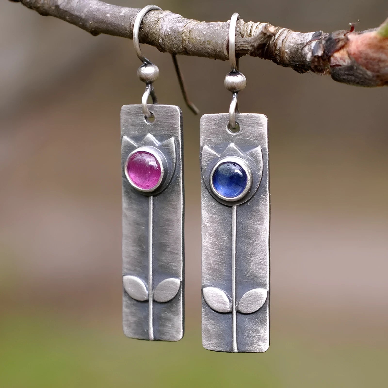 Antique finish red sapphire geometric earrings with ellipse design elements for women
