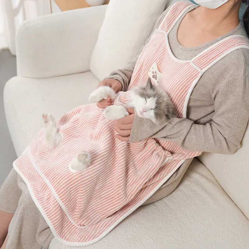Cat petting apron made from cloth fabric in various colours including pink, light blue, and striped patterns