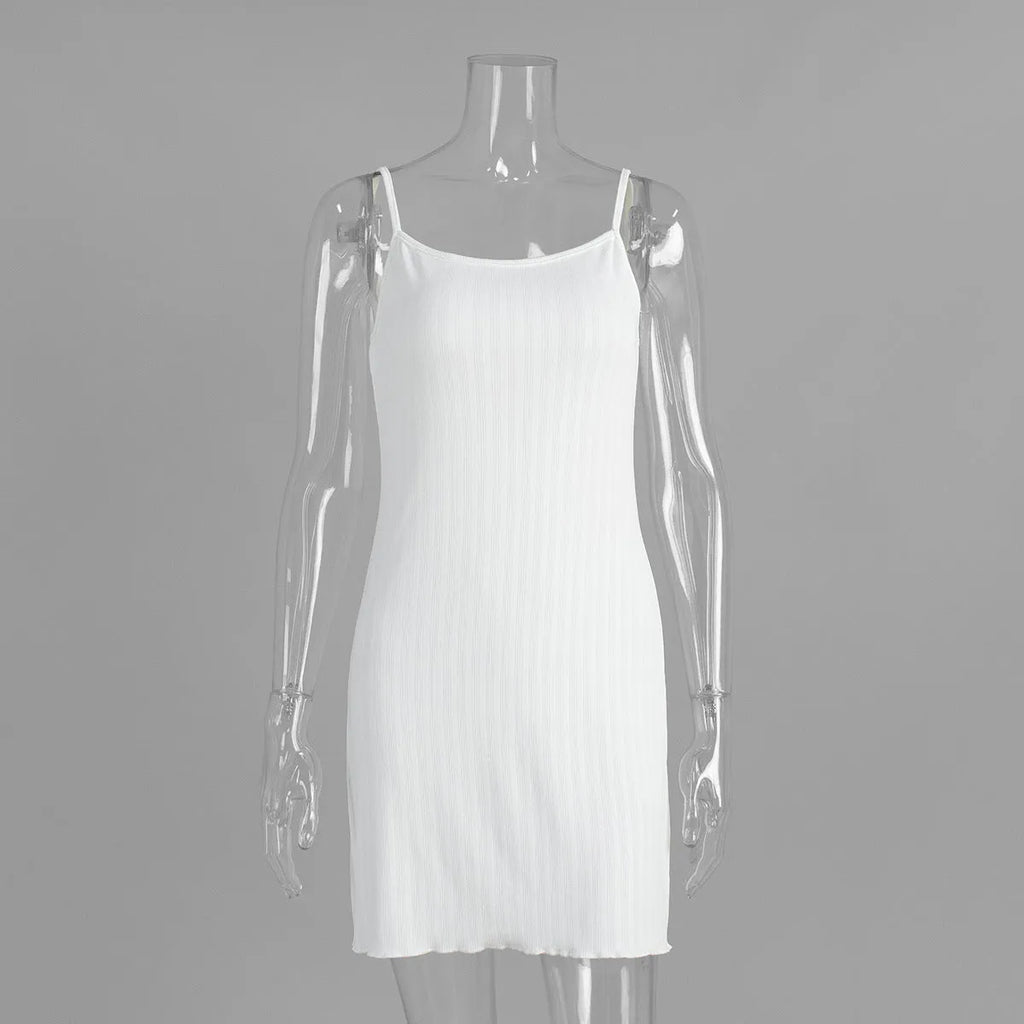 White summer knitted hollow nightdress with sleeveless short skirt design on a model