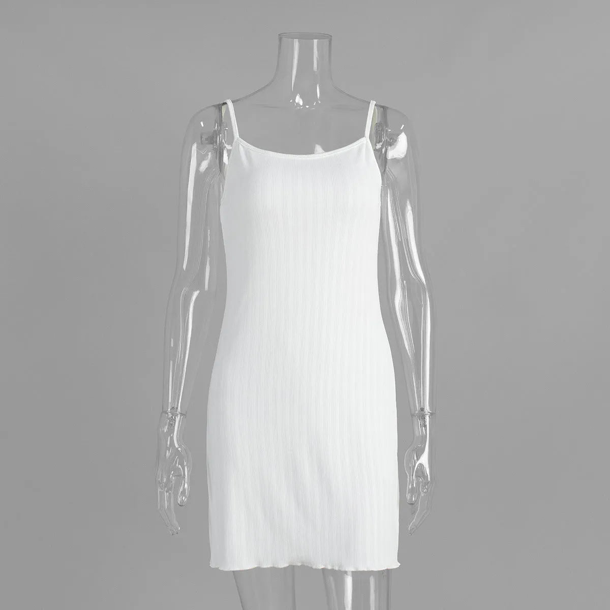 White summer knitted hollow nightdress with sleeveless short skirt design on a model