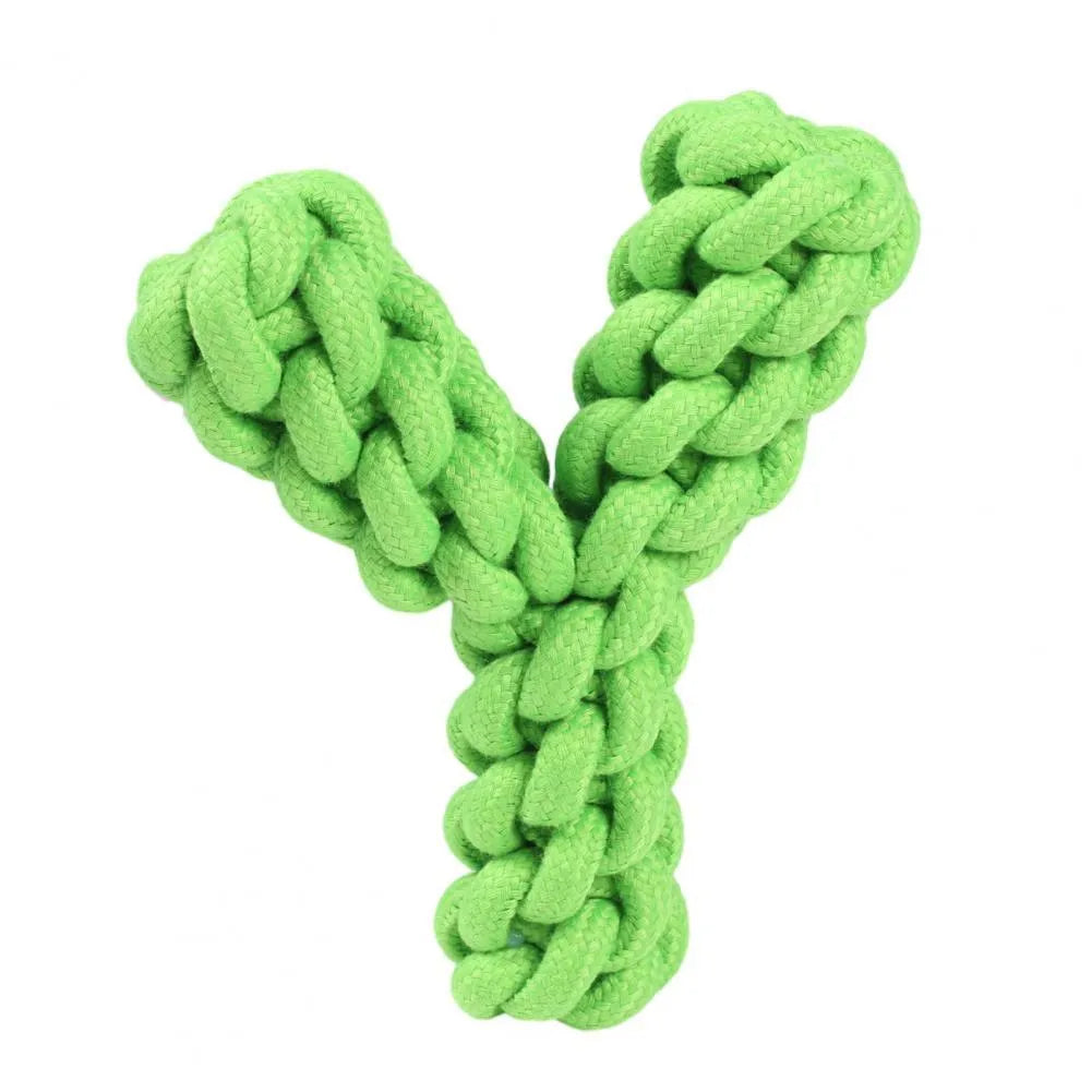 Blue Y-shaped cotton rope dog chew toy for large breeds on a wooden floor.