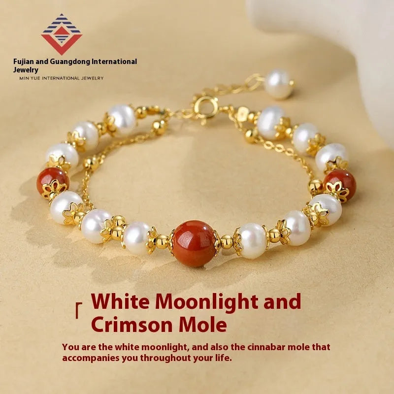 Sterling silver double-layer bracelet with white freshwater pearls and red cinnabar bean beads
