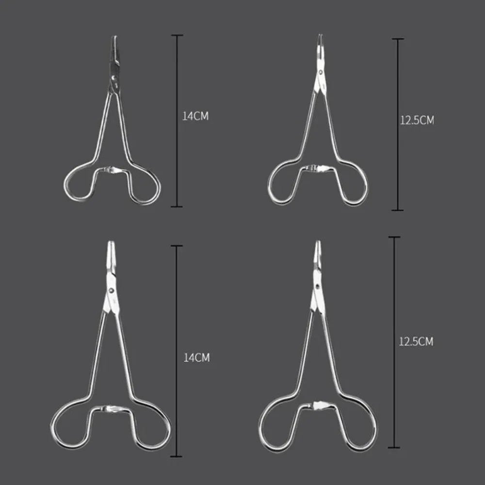 Silver stainless steel pet grooming tweezers for ear hair removal and cleaning, showing curved and straight tip designs.