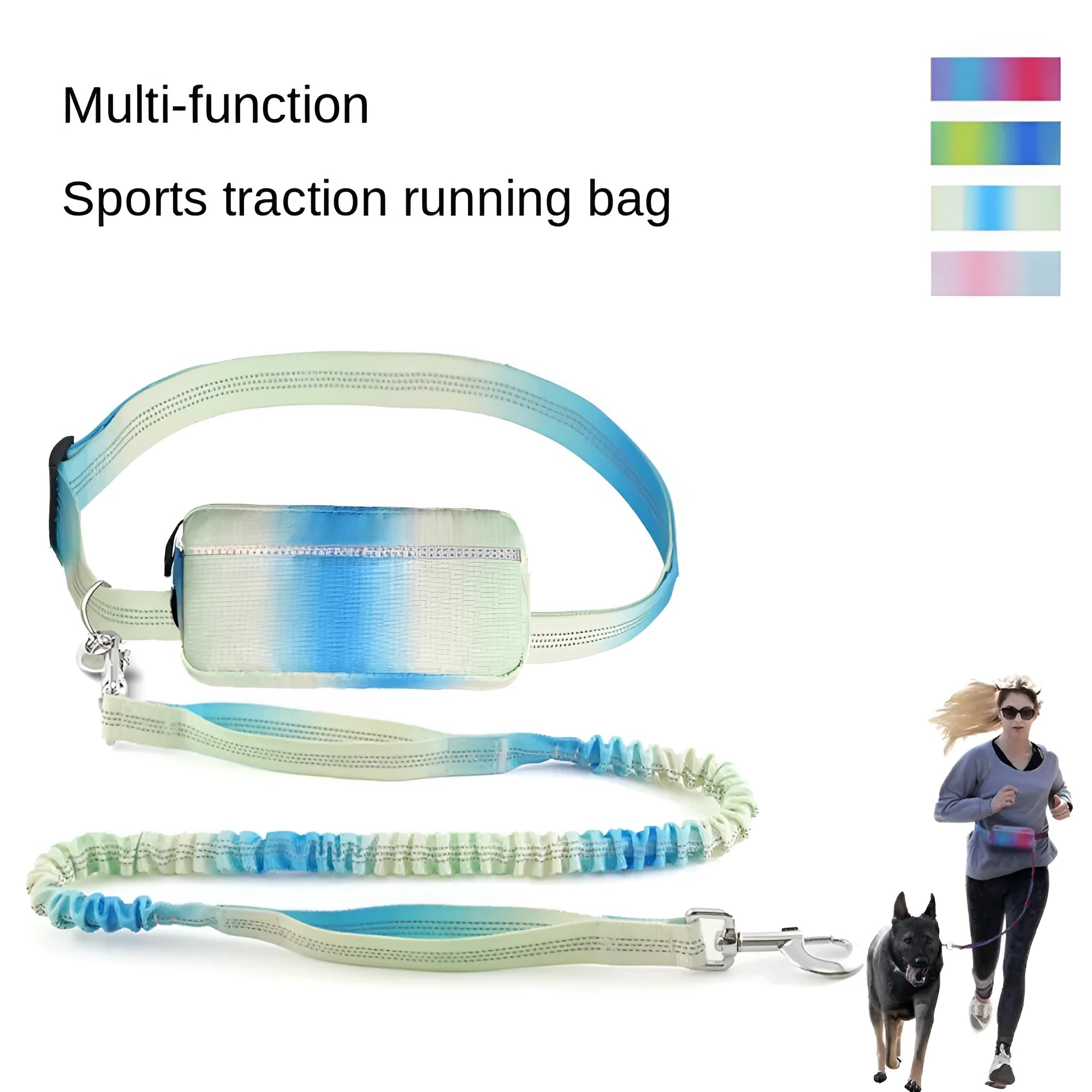 Blue adjustable hands-free dog leash with waist belt and reflective traction rope for walking and running