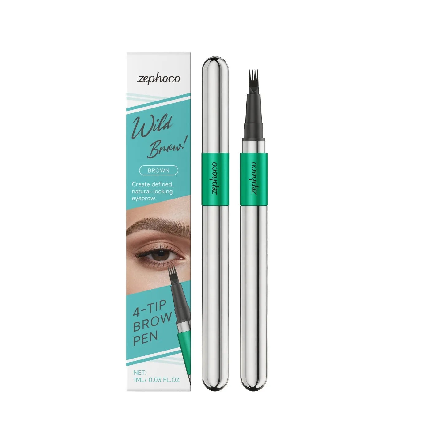Three-dimensional natural four-pronged eyebrow pencil in brown colour on white background