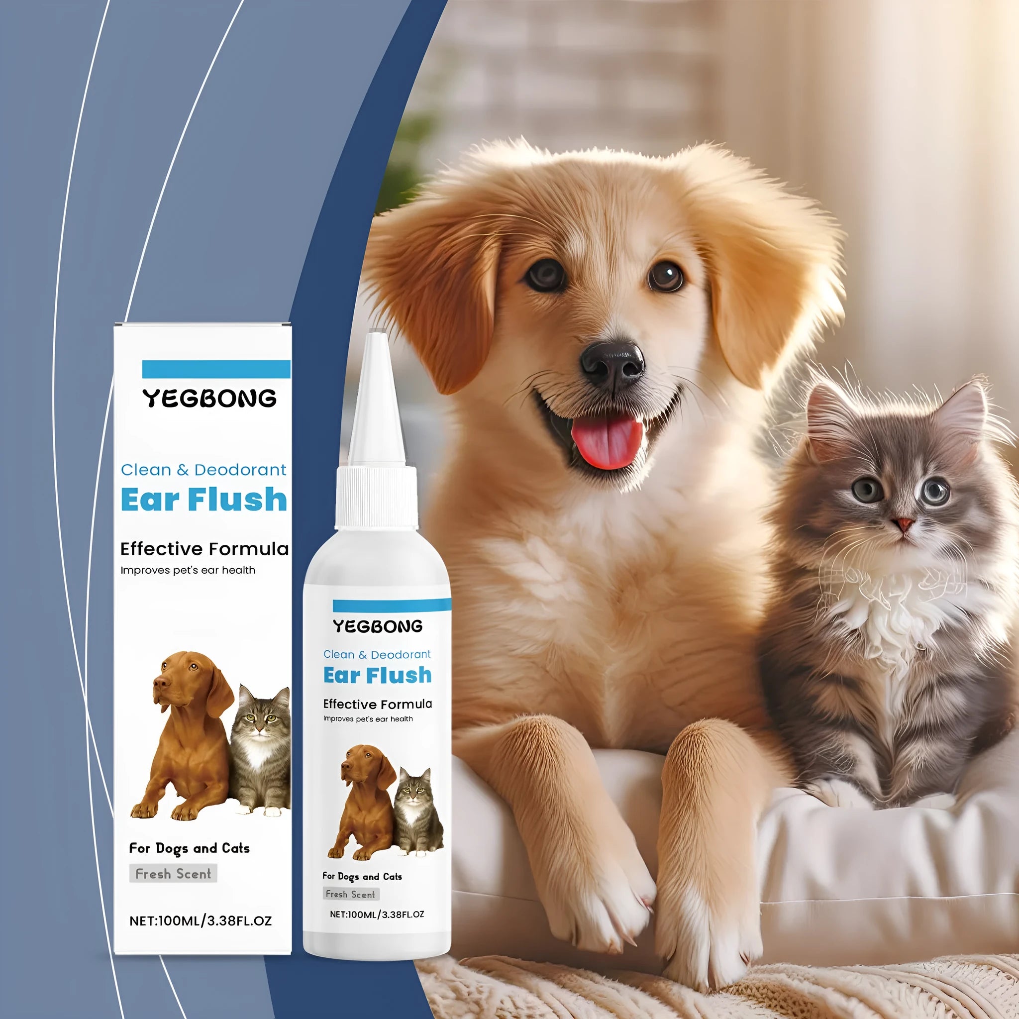 A 100ml bottle of gentle ear cleaner for dogs and cats, used to remove earwax.